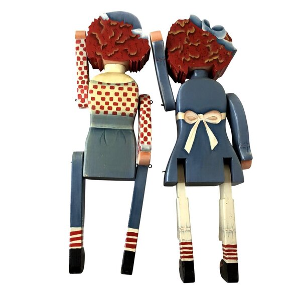 VTG Hand Painted Wood Raggedy Ann Andy Style Jointed Doll Folk Art Shelf Sitters - Picture 3 of 10